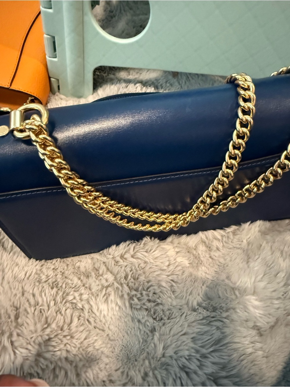 Coach Navy Leather Shoulder Bag with Gold Chain Strap